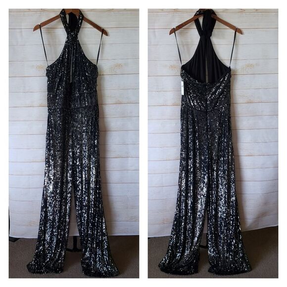 Maeve Sequin Halter Cutout Sexy Stretchy Jumpsuit Black Silver Women's Size 6 - Picture 7 of 16